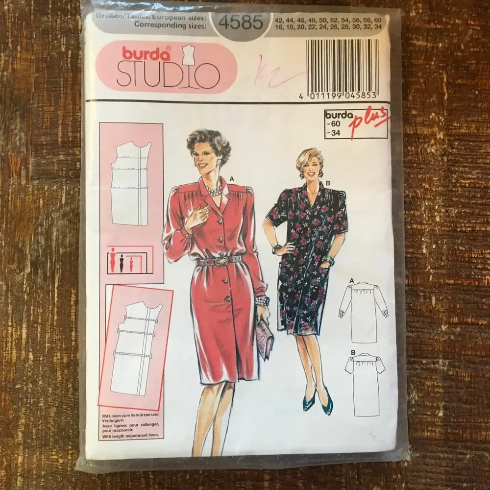 Burda Sewing Pattern 4585 Womens Retro Plus Size Button Up Dress 90s 16-34 UNCUT